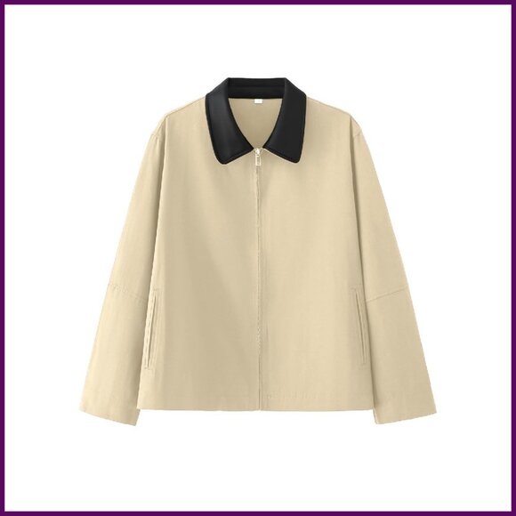 Lightweight Zip Up Barn Jacket with Leather Collar Side Pockets